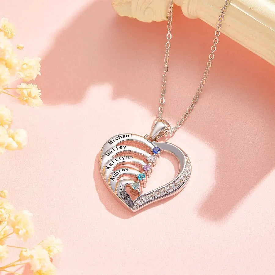 Personalized Heart Necklace Custom Family Name Birthstone Necklace Gift for Mother Grandma