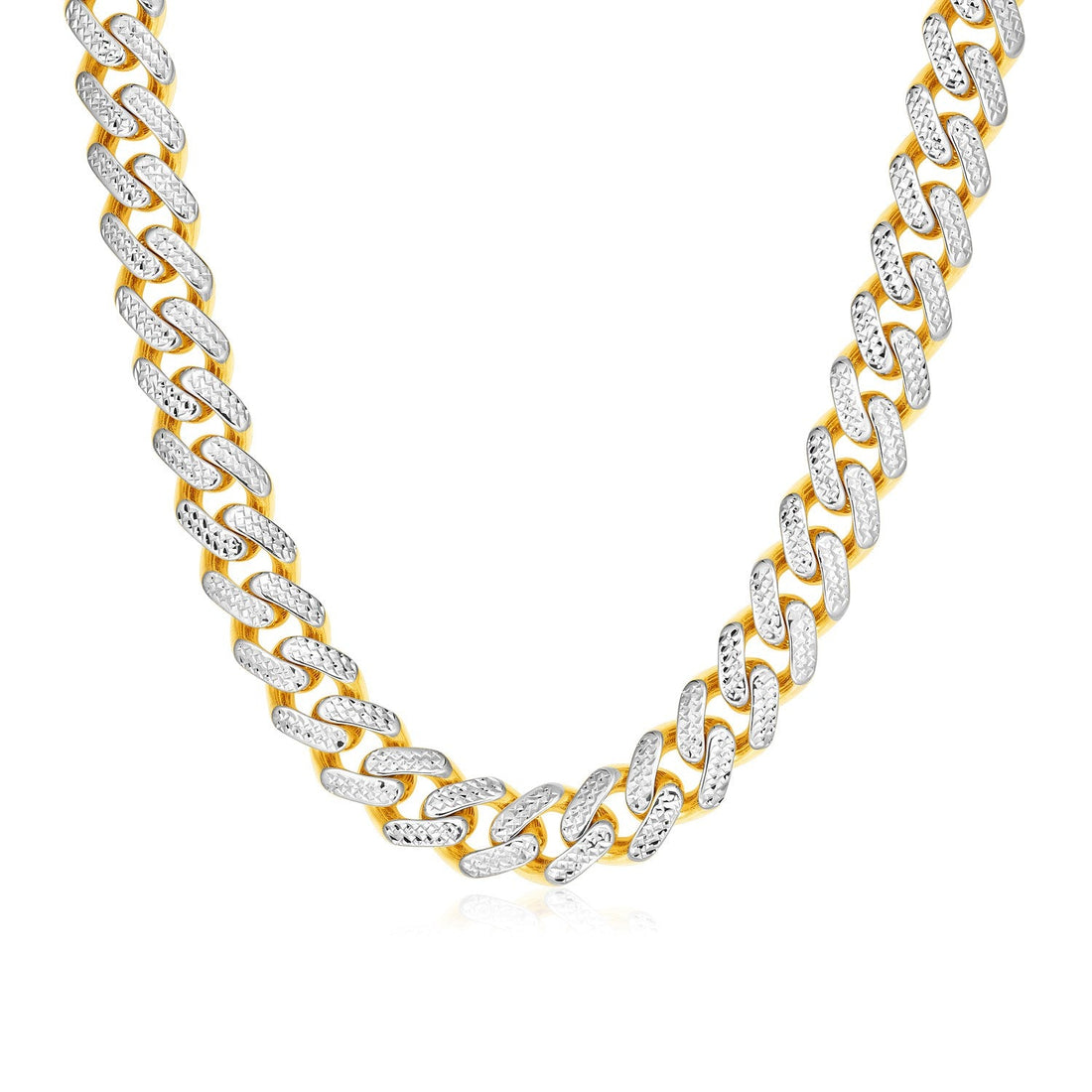 14k Two Tone Gold Miami Cuban Chain Necklace with White Pave - Coolpeacock