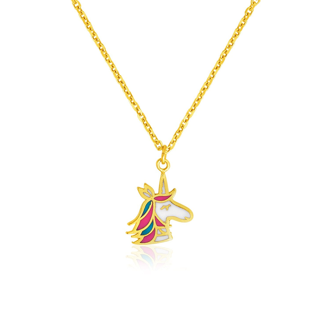 14k Yellow Gold Childrens Necklace with Enameled Unicorn Pendant - Coolpeacock