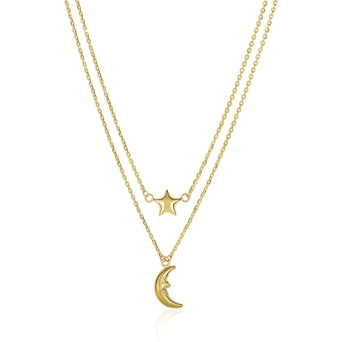 14k Yellow Gold Double - Strand Chain Necklace with Puff Moon and Star - Coolpeacock