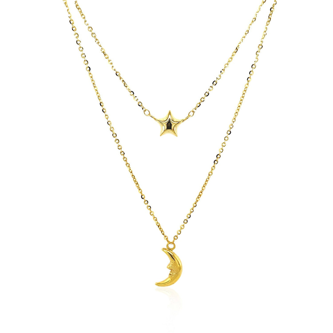 14k Yellow Gold Double - Strand Chain Necklace with Puff Moon and Star - Coolpeacock