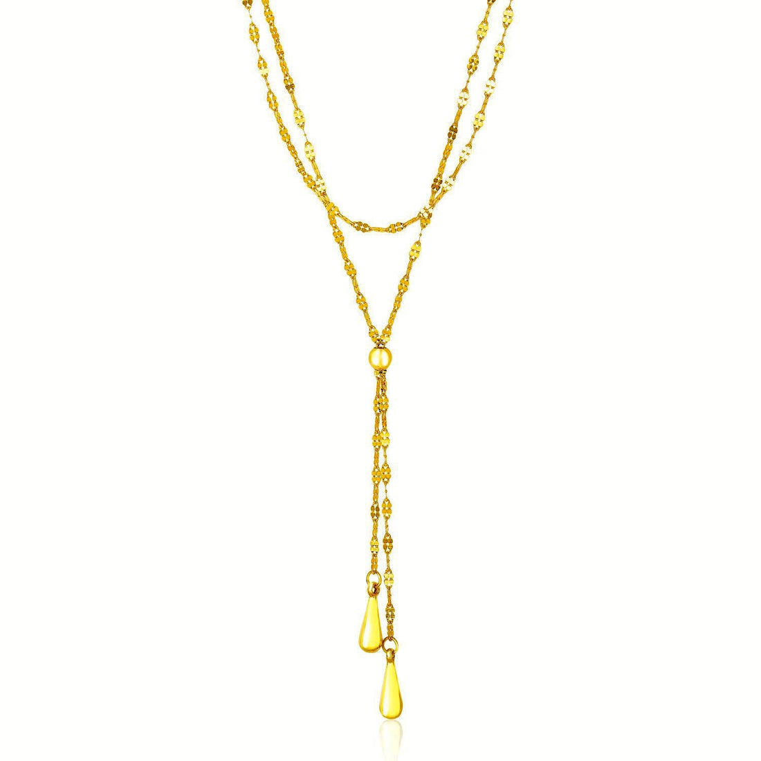 14k Yellow Gold Double Strand Chain with Puffed Heart Lariat Necklace - Coolpeacock