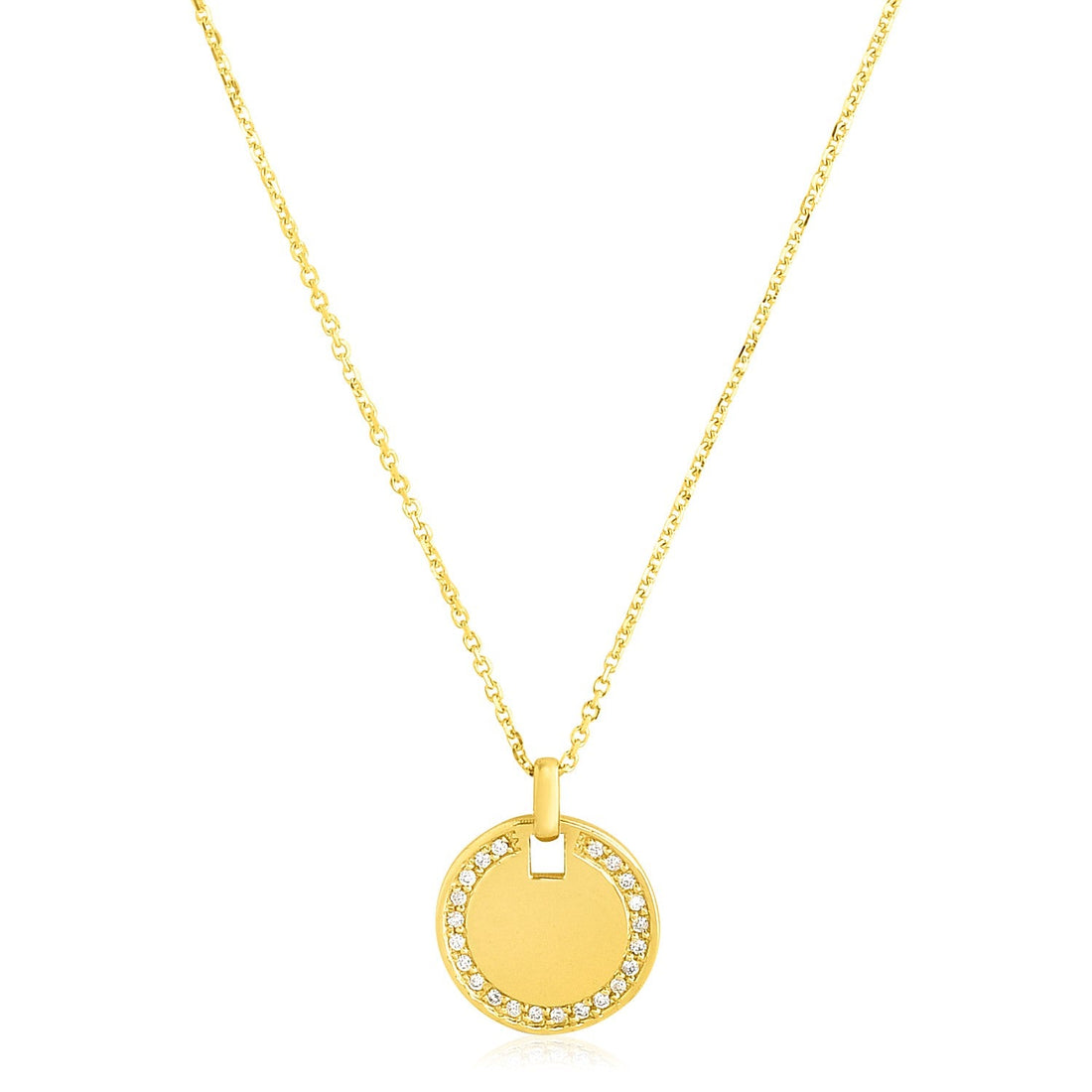 14k Yellow Gold High Polish Diamond Round Disc Tag Necklace - Coolpeacock