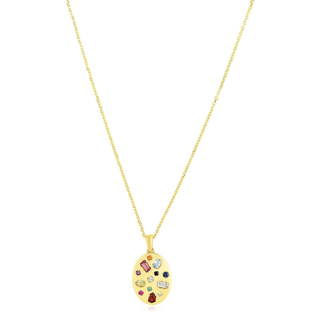 14k Yellow Gold High Polish Oval Gemstone Inlay Necklace - Coolpeacock