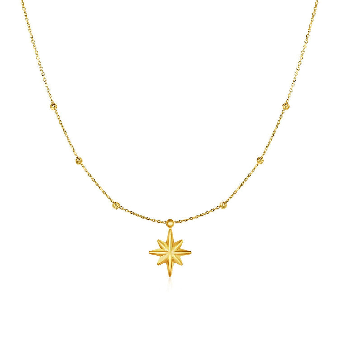 14k Yellow Gold Necklace with Eight Pointed Star and Beads - Coolpeacock