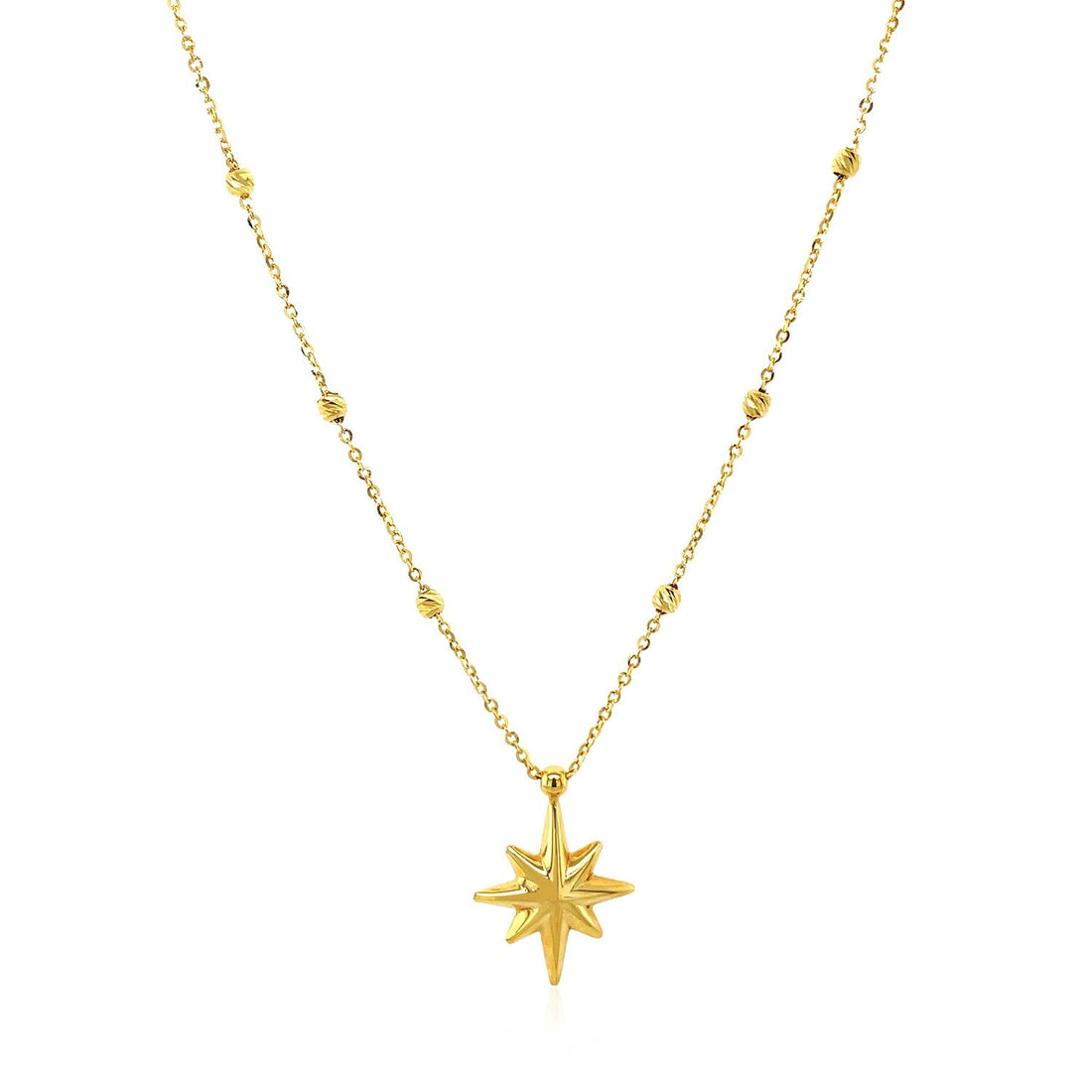 14k Yellow Gold Necklace with Eight Pointed Star and Beads - Coolpeacock