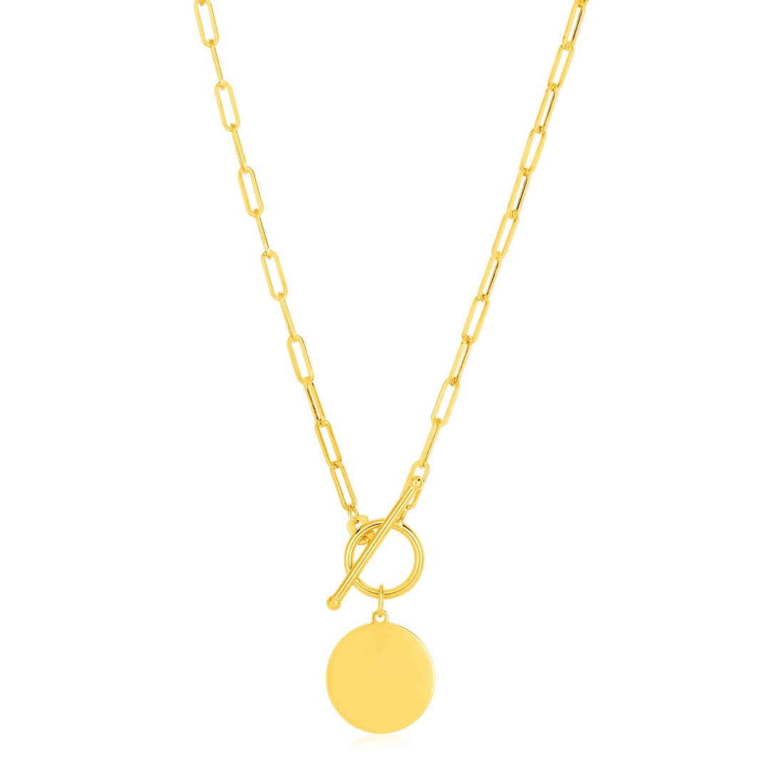 14k Yellow Gold Paperclip Chain Necklace with Circle Pendant - Coolpeacock