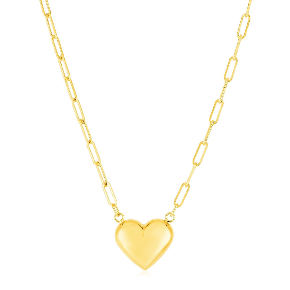 14k Yellow Gold Paperclip Chain Necklace with Puffed Heart - Coolpeacock