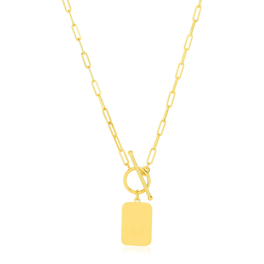 14k Yellow Gold Paperclip Chain Necklace with Rounded Rectangle Pendant - Coolpeacock