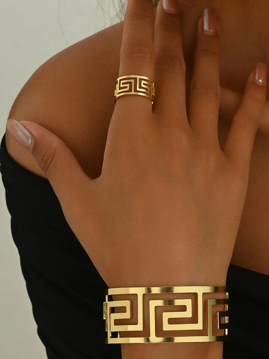 18K Gold - Plated Stainless Steel Geometric Bracelet and Ring Jewelry Set - Coolpeacock