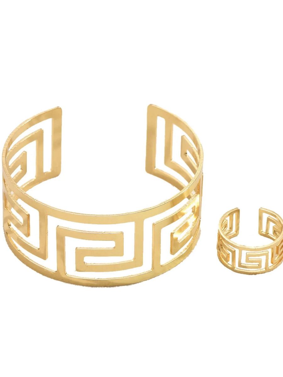 18K Gold - Plated Stainless Steel Geometric Bracelet and Ring Jewelry Set - Coolpeacock