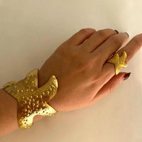 18K Gold - Plated Starfish Open Bracelet and Ring Jewelry Set - Coolpeacock