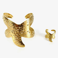 18K Gold - Plated Starfish Open Bracelet and Ring Jewelry Set - Coolpeacock