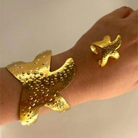 18K Gold - Plated Starfish Open Bracelet and Ring Jewelry Set - Coolpeacock