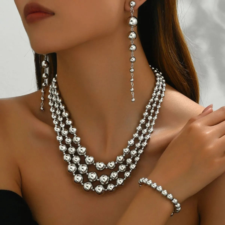 18K Stainless Steel Beaded Multi - Layered Necklace Bracelet Earrings Jewelry Set - Coolpeacock