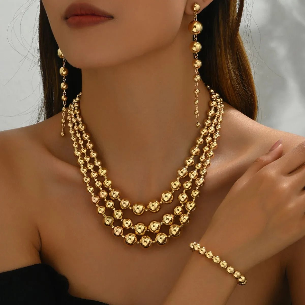 18K Stainless Steel Beaded Multi - Layered Necklace Bracelet Earrings Jewelry Set - Coolpeacock
