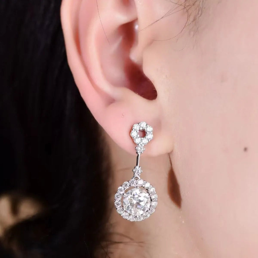 4 Carat Crystal Drop Dangle Earrings with Round Halo Design - Coolpeacock