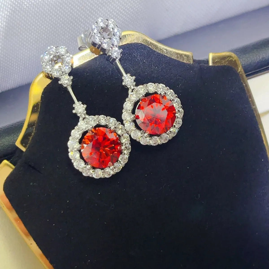 4 Carat Ruby Red Crystal Drop Earrings with Rhinestone Halo - Coolpeacock