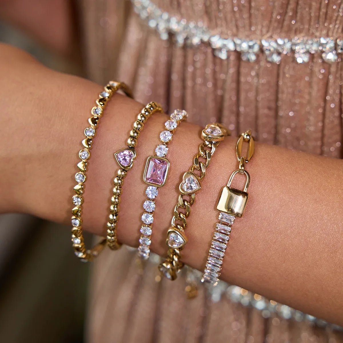 5 - Piece 18K Gold - Plated Stainless Steel Inlaid Zircon Bracelet - Coolpeacock