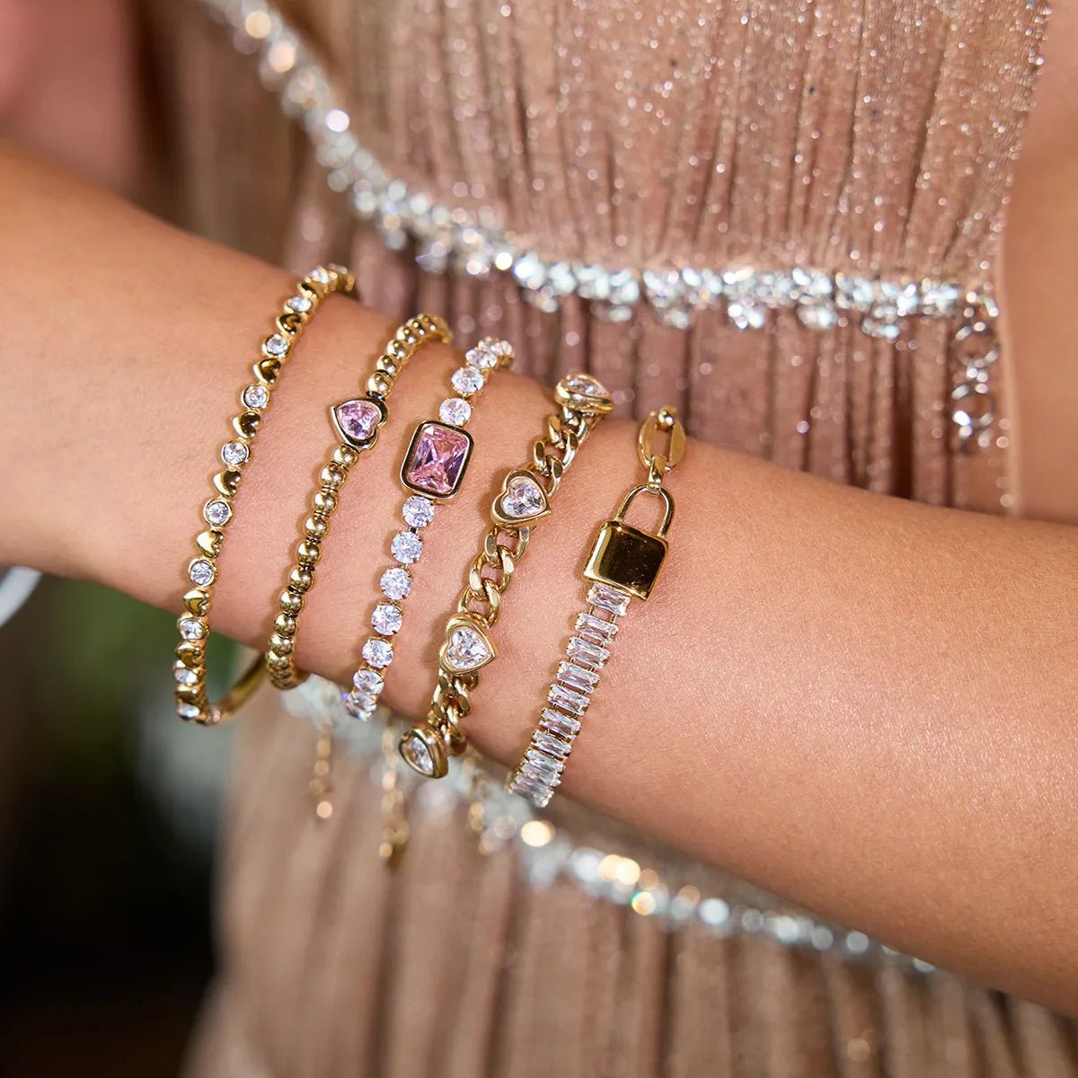 5 - Piece 18K Gold - Plated Stainless Steel Inlaid Zircon Bracelet - Coolpeacock
