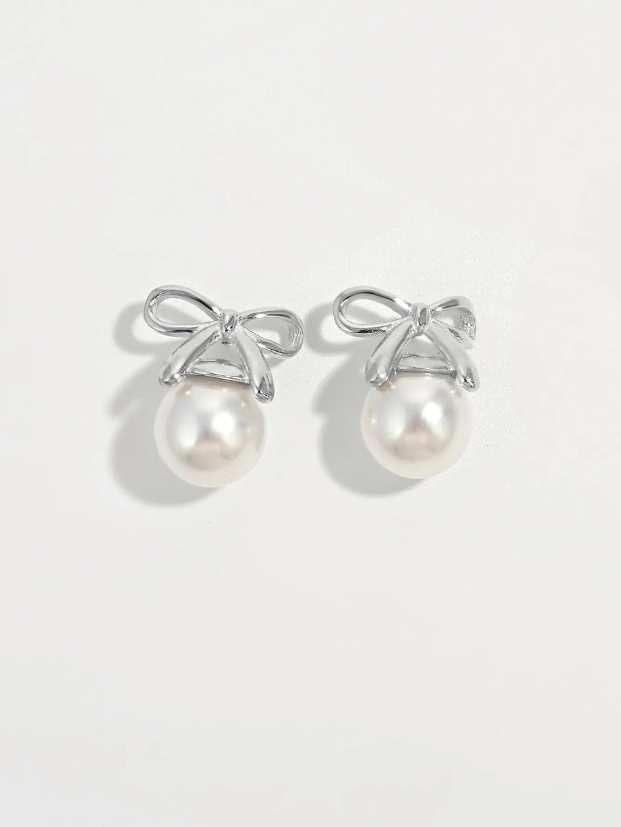 925 Sterling Silver Pearl Bow Earrings - Coolpeacock