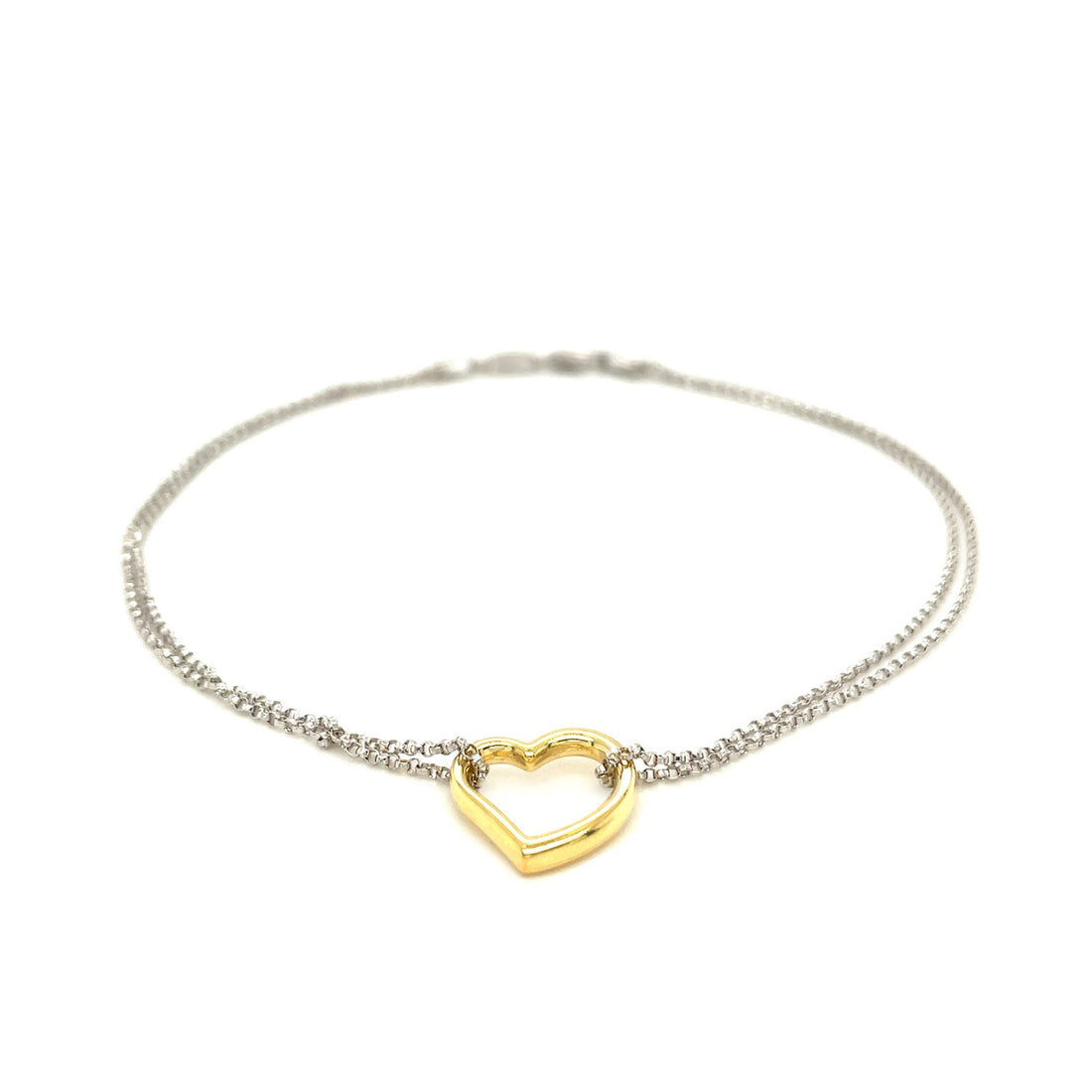 14k Yellow Gold and Sterling Silver Anklet with a Single Open Heart Station