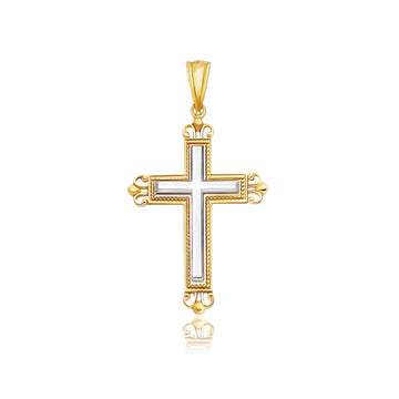 14k Two-Tone Gold Cross Pendant with an Ornate Budded Style