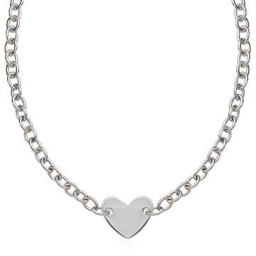 Sterling Silver Rhodium Plated Chain Bracelet with a Flat Heart Motif Station