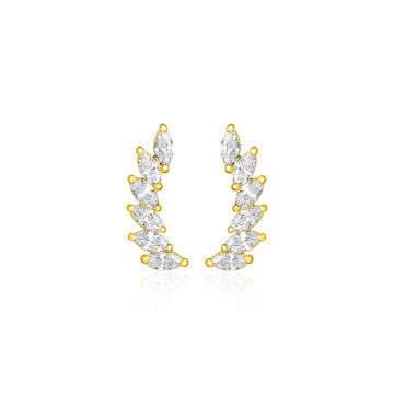 14k Yellow Gold Leaf Motif Climber Post Earrings with Marquise Cubic Zirconias