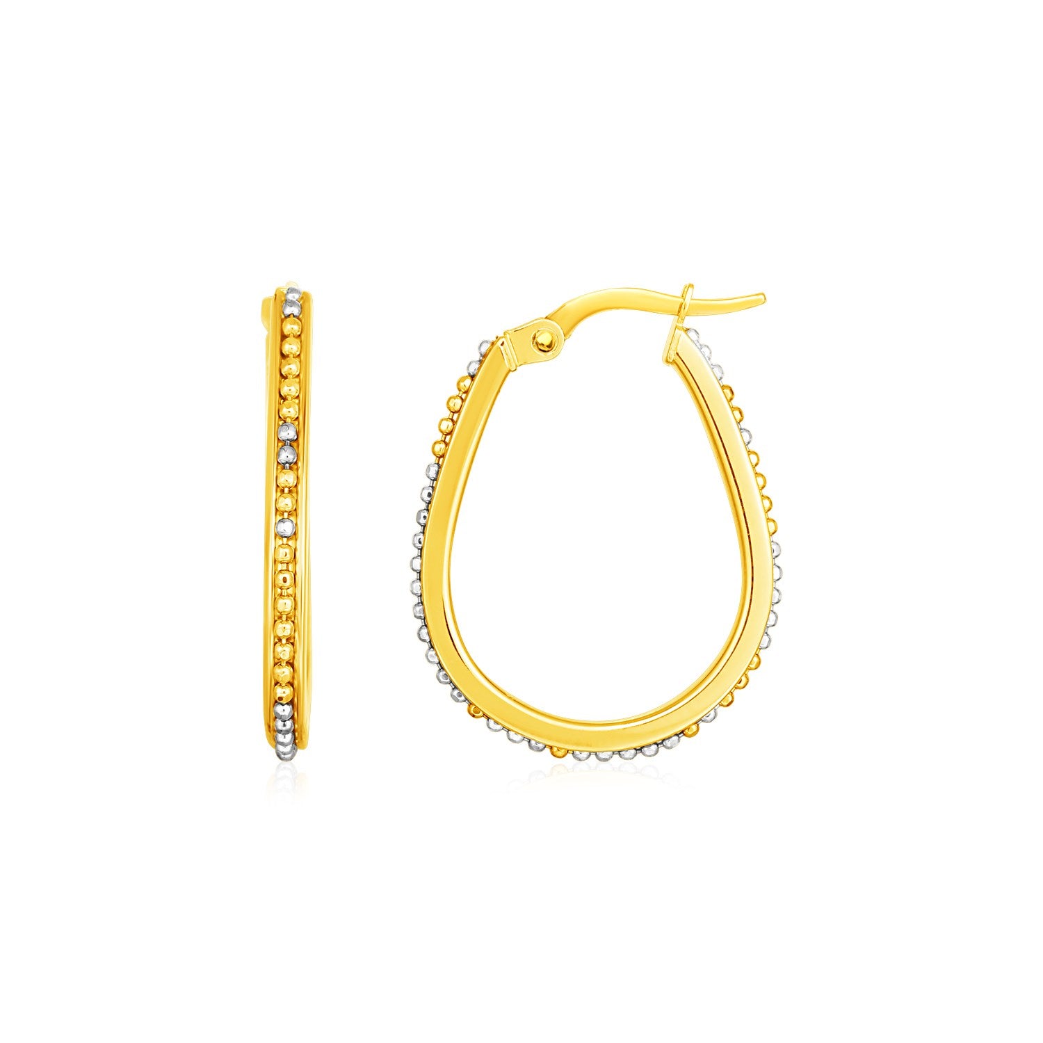 14k Two Tone Gold Oval Hoop Earrings with Bead Texture