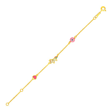 14k Yellow Gold 5 1/2 inch Childrens Bracelet with Enameled Heart Unicorn and Circle (1.00 mm)