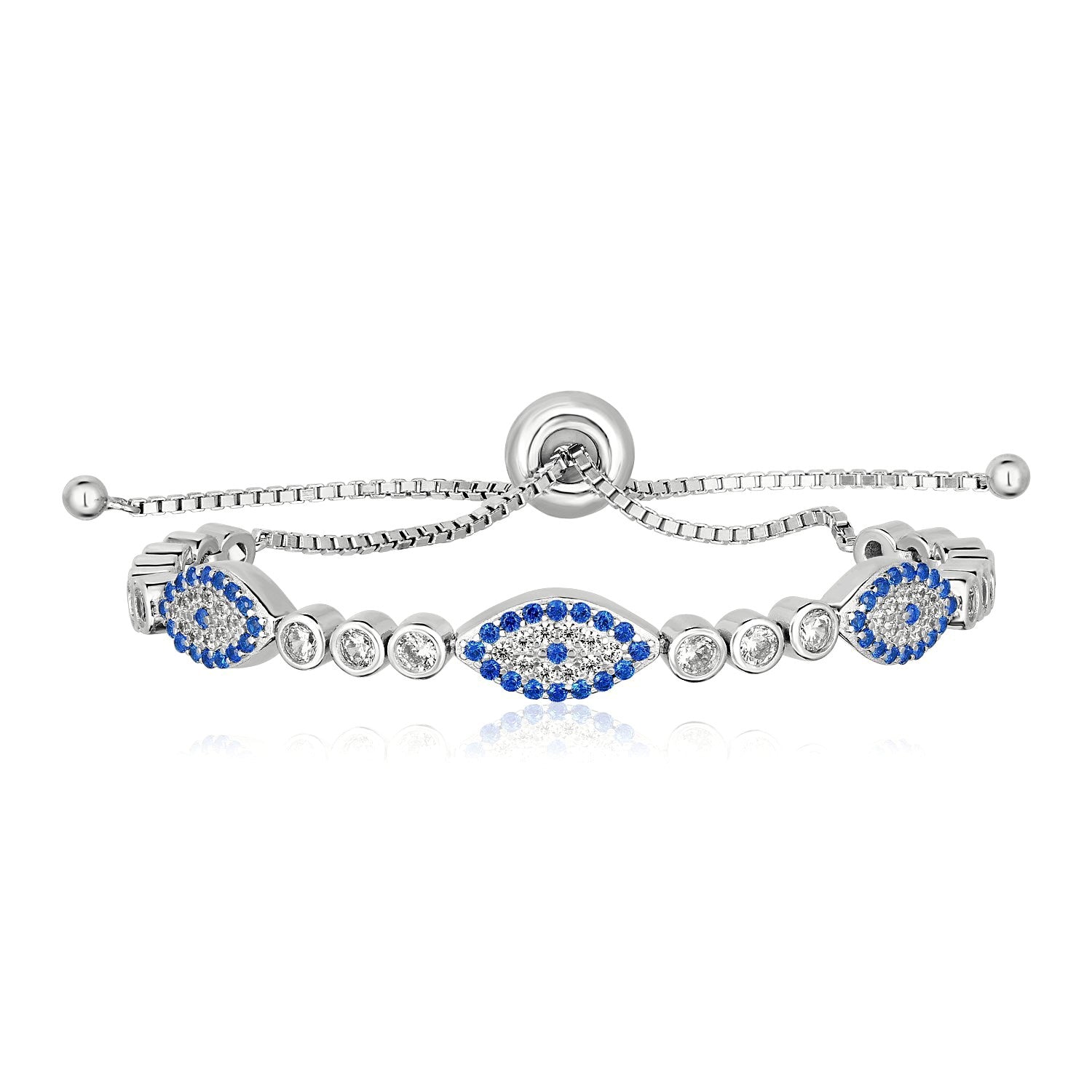 Sterling Silver Adjustable Enameled Evil Eye Bracelet with Cubic Zirconias (6.50 mm)