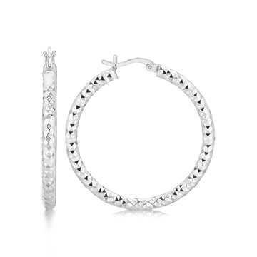 Sterling Silver Faceted Motif Large Hoop Earrings with Rhodium Plating(4x25mm)