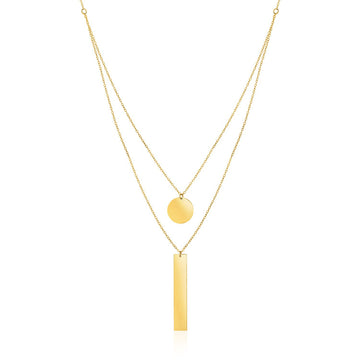 14k Yellow Gold 18 inch Two Strand Necklace with Circle and Bar Pendants