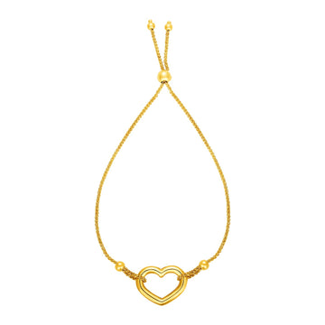 Adjustable Bracelet with Shiny Open Heart in 14k Yellow Gold (1.00 mm)