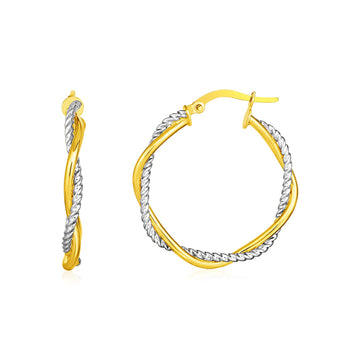 14k Yellow and White Gold Two Part Textured Twisted Round Hoop Earrings(3x23mm)