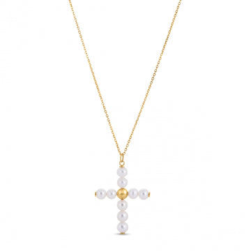 14k Yellow Gold Pearl Cross Pendant