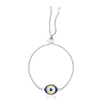 Sterling Silver Adjustable Two Toned Enameled Evil Eye Friendship Bracelet (1.00 mm)