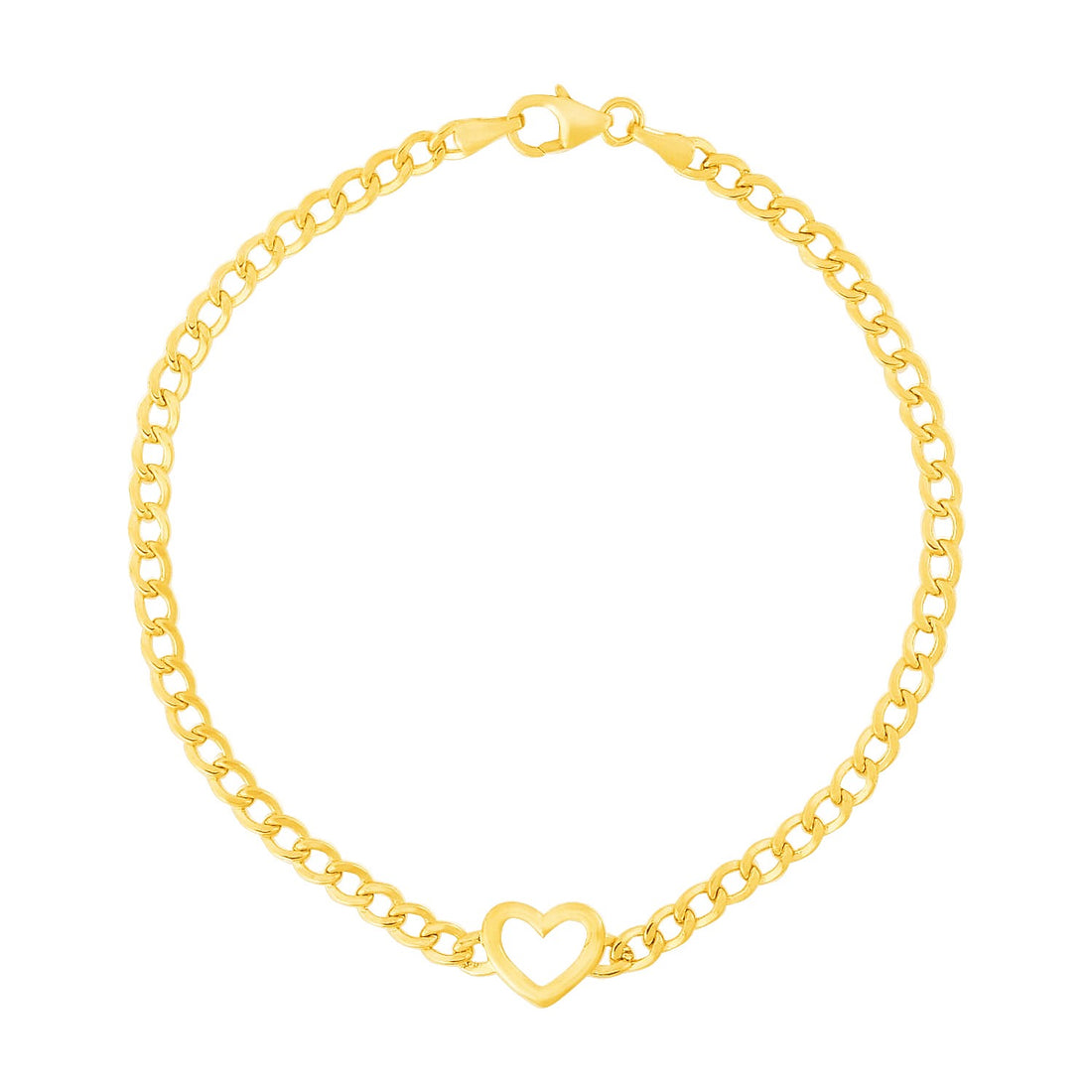 14k Yellow Gold 7 inch Curb Chain Bracelet with Heart (3.40 mm)