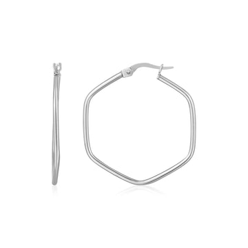 14K White Gold Hexagon Hoop Rounded Edge Earrings