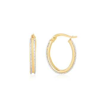 14K Two Tone Gold Diamond Cut Oval Hoop Earrings