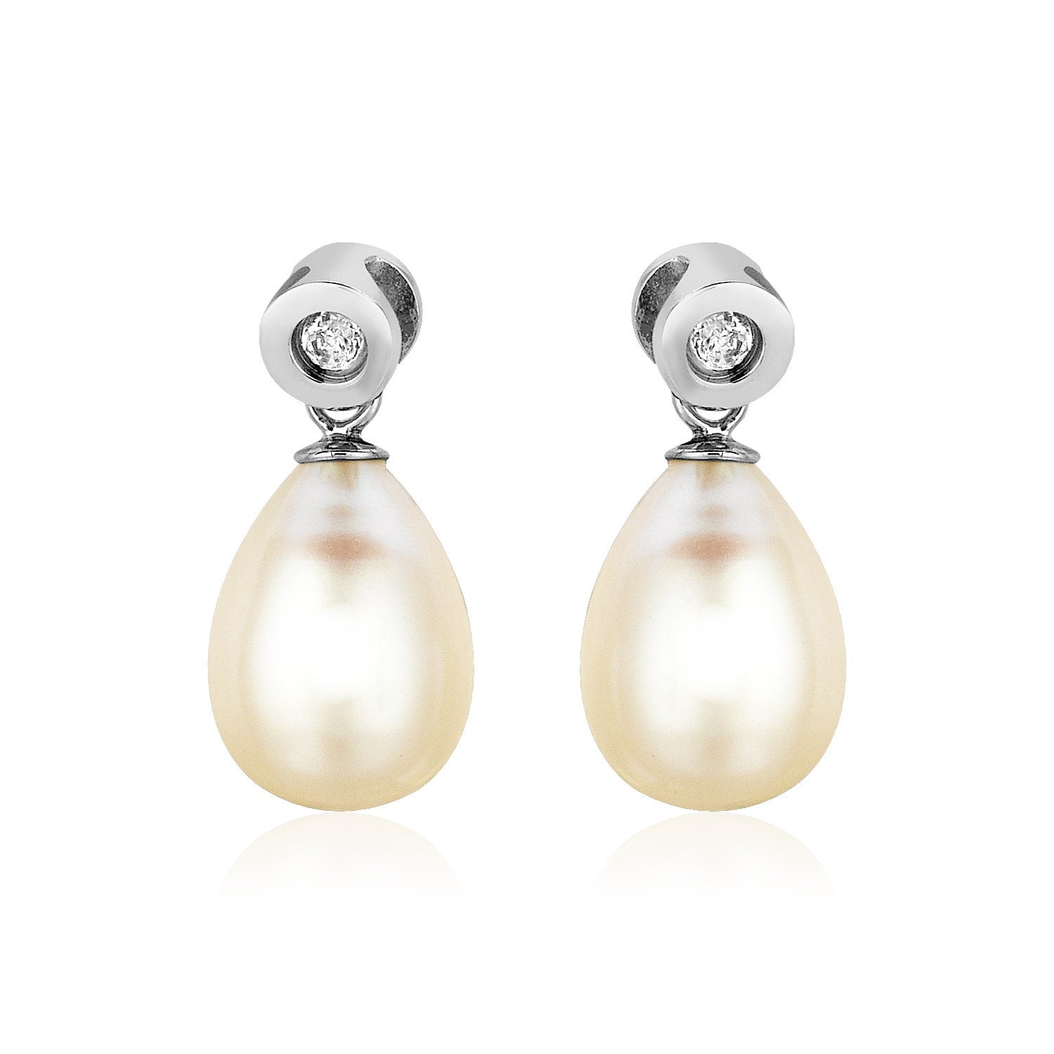 Sterling Silver Earrings with Pear Shaped Freshwater Pearls and Cubic Zirconias