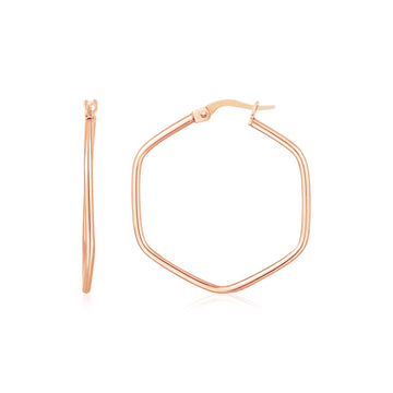 14K Rose Gold Hexagon Hoop Rounded Edge Earrings