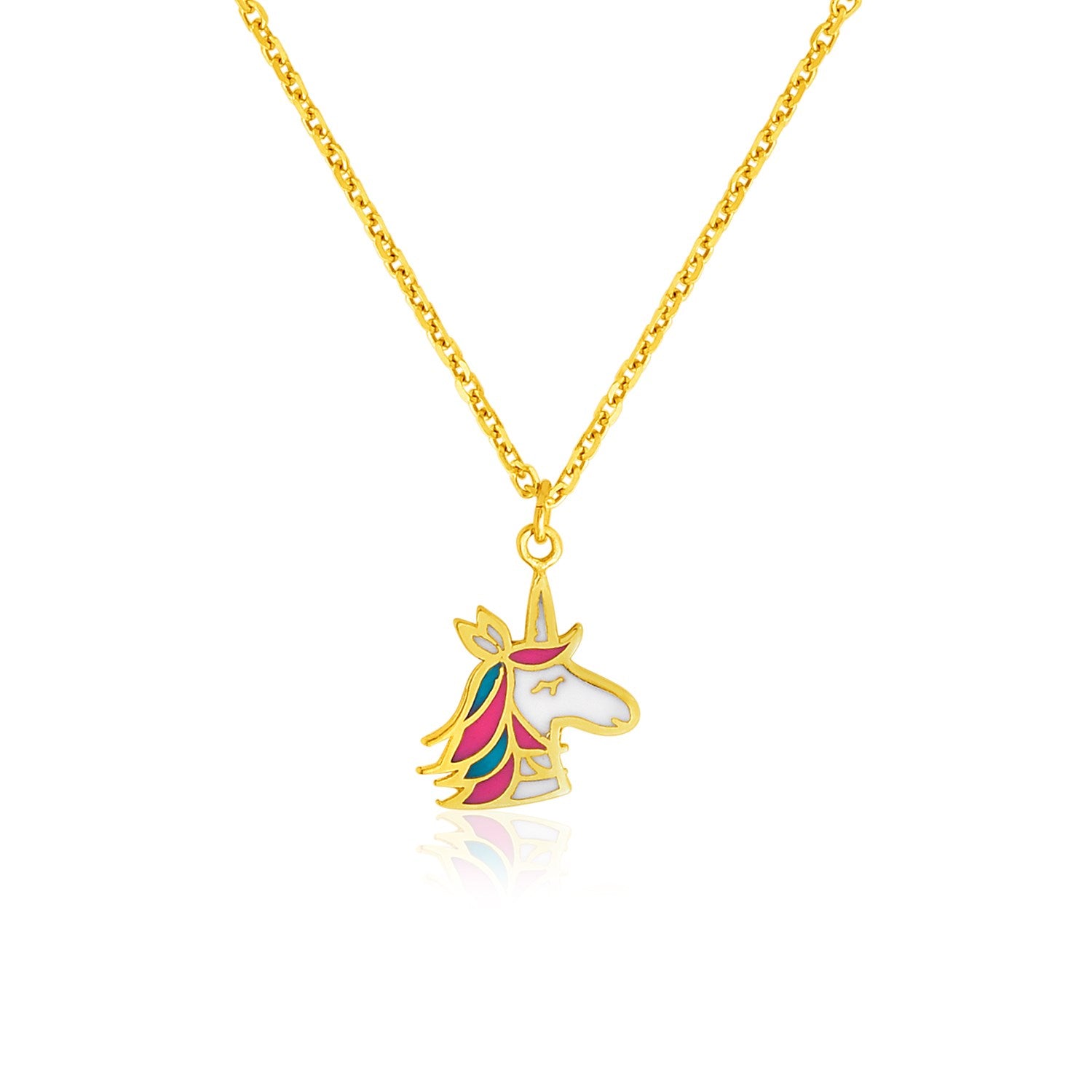 14k Yellow Gold Childrens Necklace with Enameled Unicorn Pendant