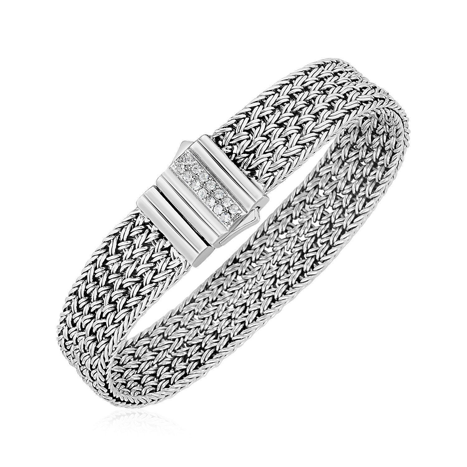 Woven Rope Bracelet with White Sapphire Accented Clasp in Sterling Silver (15.00 mm)