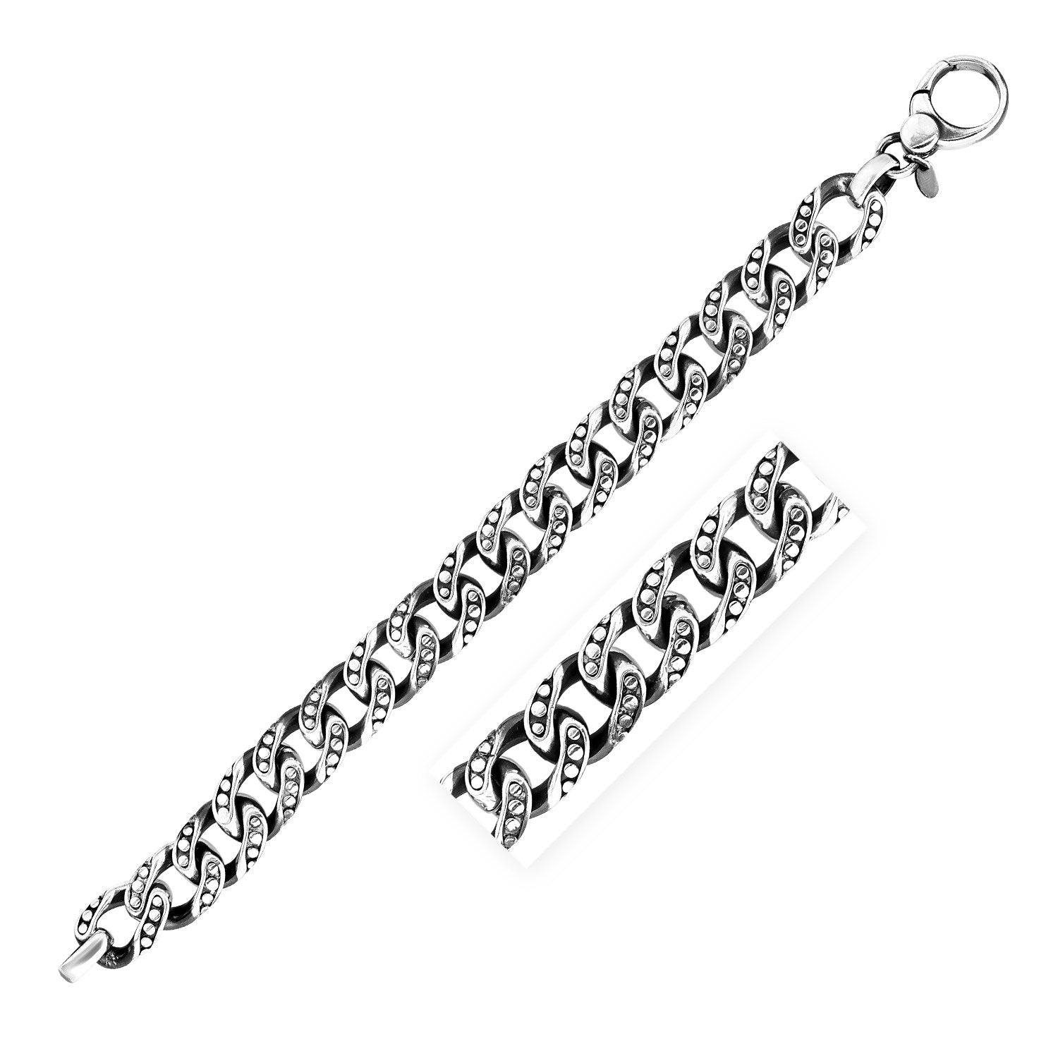 Sterling Silver Gunmetal Finish Cuban Link Bracelet with Dots (13.50 mm)