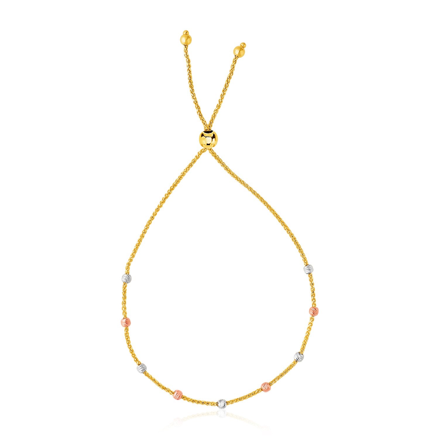 14k Tri-Color Gold Textured Bead Station Lariat Bracelet (5.00 mm)