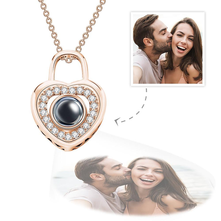 Personalized Photo Projection Necklace Love Heart Lock Shaped Pendant Valentine's Day Gift