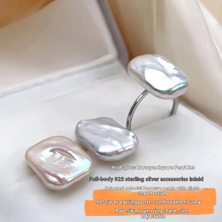 Baroque Style Pure Silver Earrings And Ring Set With Freshwater Pearl Square Design For Women Luxury Personality Jewelry Accessories - Coolpeacock