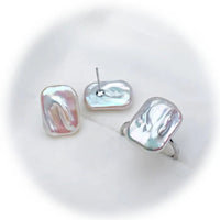 Baroque Style Pure Silver Earrings And Ring Set With Freshwater Pearl Square Design For Women Luxury Personality Jewelry Accessories - Coolpeacock